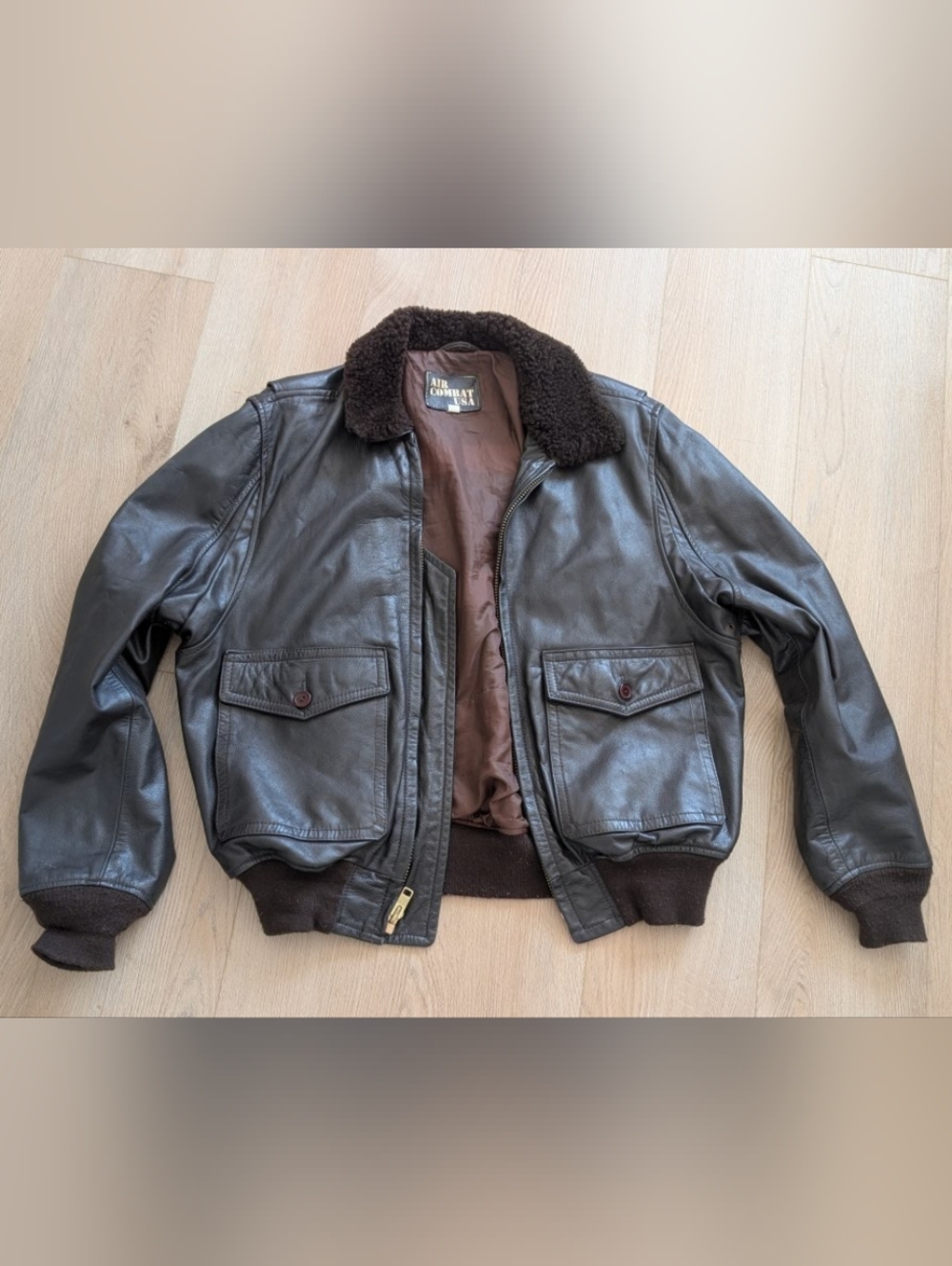 AIR COMBAT USA Brown Leather Bomber Jacket with Shearling Collar